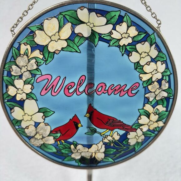 Amia Studios Stained Glass Suncatcher Cardinals “Welcome" Window Hanging 6.5” - Picture 2 of 8
